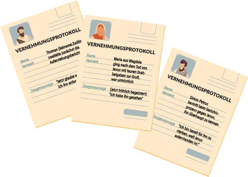 Grafik von drei Vernehmungsprotokollen von Thomas, Maria Magdalena und Simon Petrus