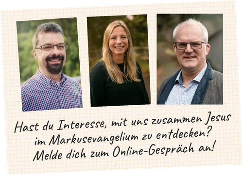 Fotos von drei Personen und Einladung zum Online-Gesprächskreis