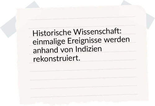 Post-it mit "Historische Wissenschaft: einmalige Ereignisse werden anhand von Indizien rekonstruiert."