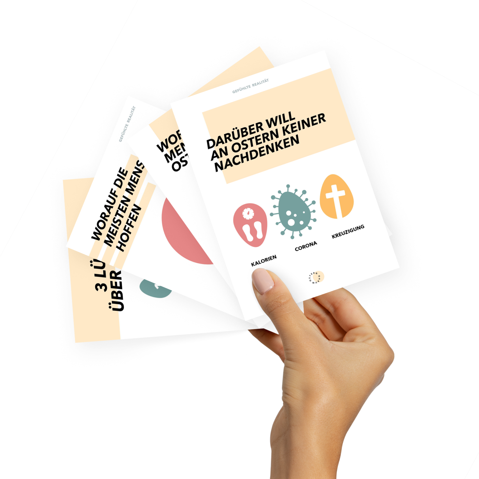 mit Hand 4 Gefühlte Realität Karten 3 lügen über Ostern darüber will an Ostern keiner nachdenken worauf die meisten menschen hoffen worüber sich menschen an Ostern freuen mit transparentem Hintergrund
