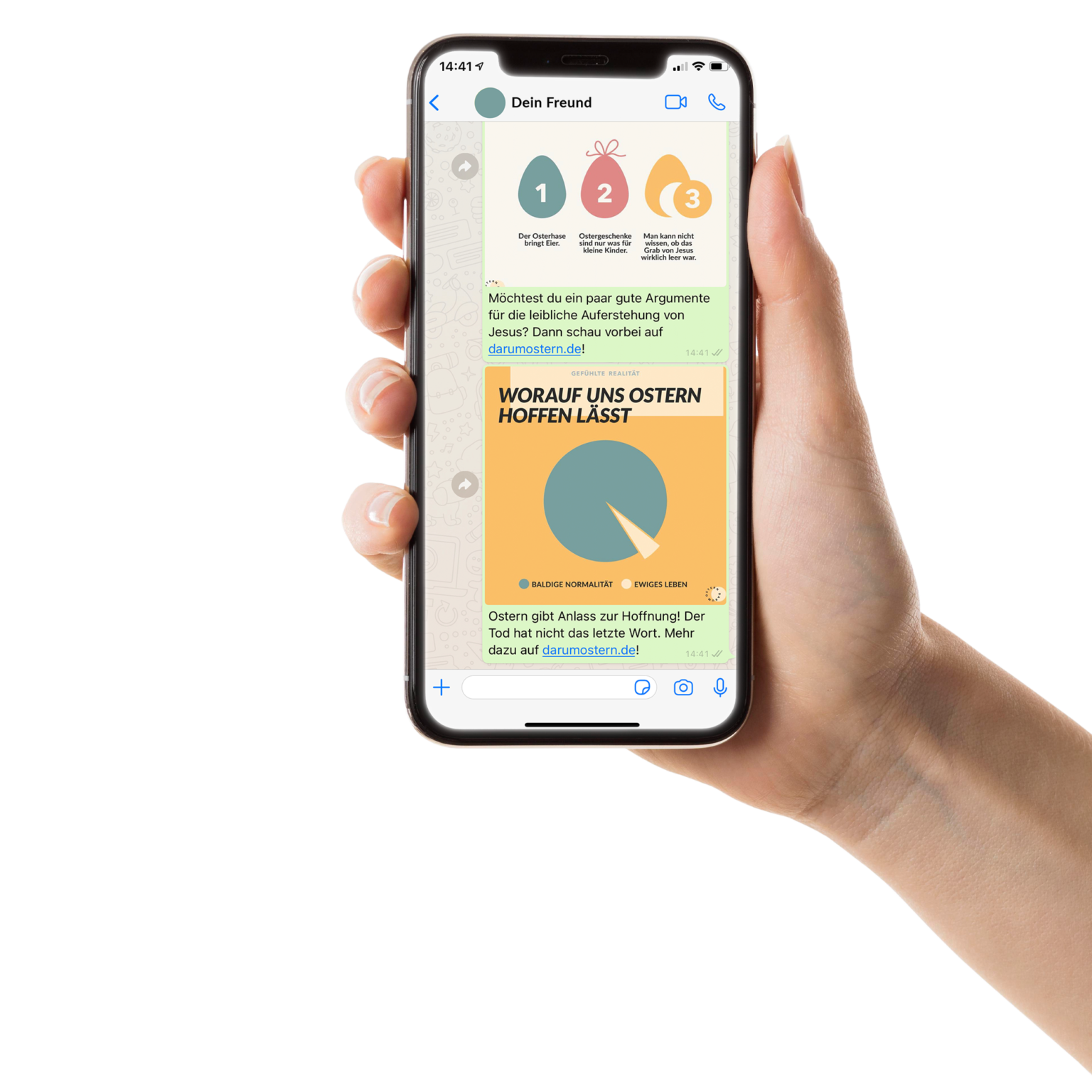 Smartphone mit Hand WhatsApp mit gefühlte Realität worauf us Ostern hoffen lässt bild