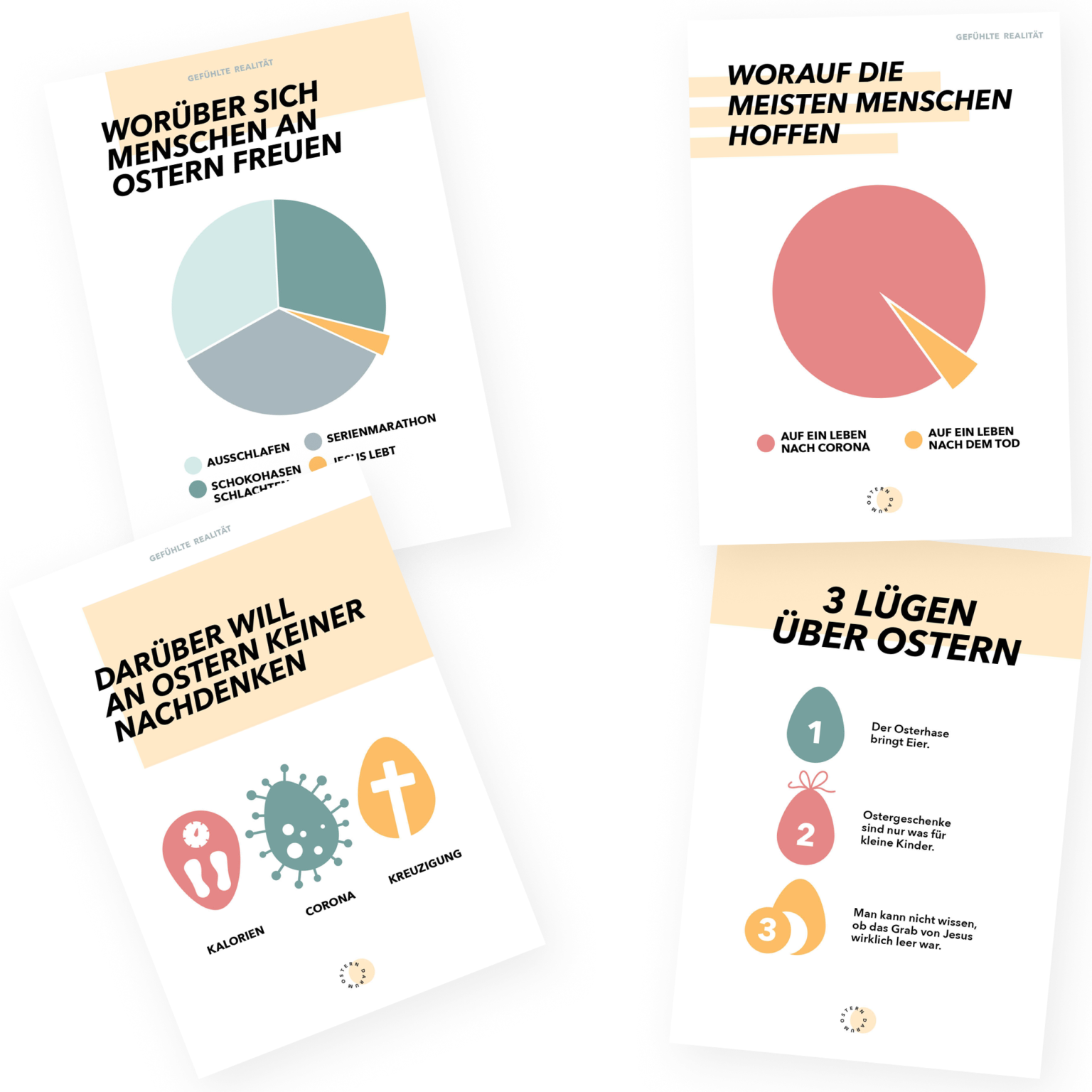 4 Gefühlte Realität Karten 3 lügen über Ostern darüber will an Ostern keiner nachdenken worauf die meisten menschen hoffen worüber sich menschen an Ostern freuen mit transparentem Hintergrund karten auseinander gelegt